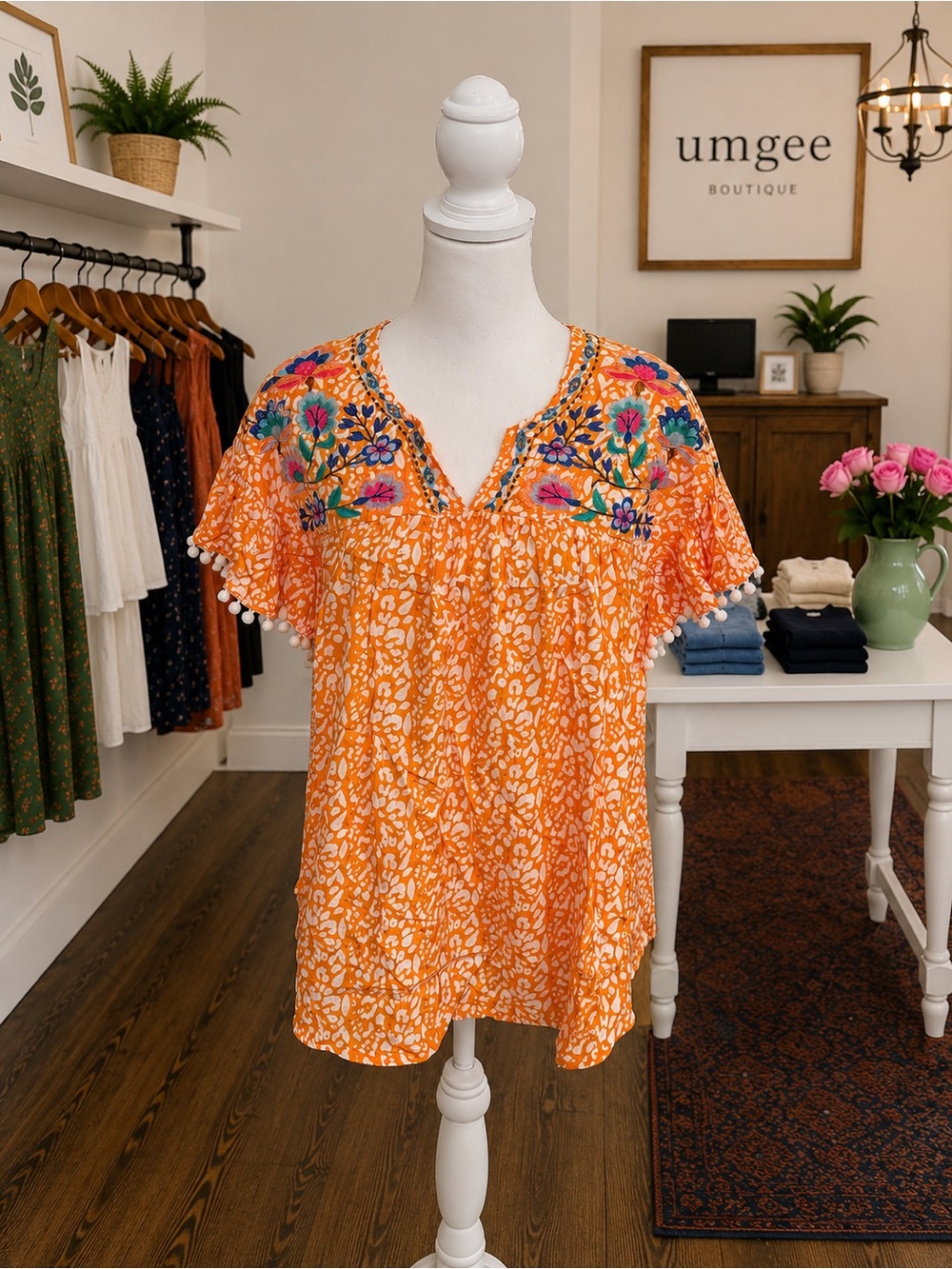 Umgee Orange Animal Print Embroidered Peasant Top Pom Pom Sleeve Large Boho